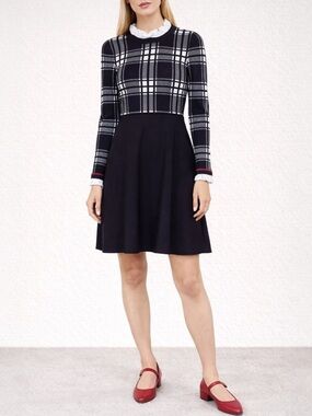 NWT 1901 Plaid Bodice Long Sleeve Preppy Sweater Dress Navy Blue Size Large NEW